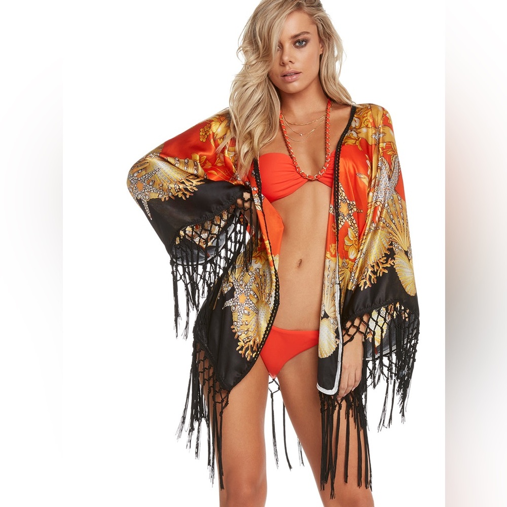 SAUVAGE One Size Fits All Orange Starfish Silk Fringes Kimono Coverup‎ Beach